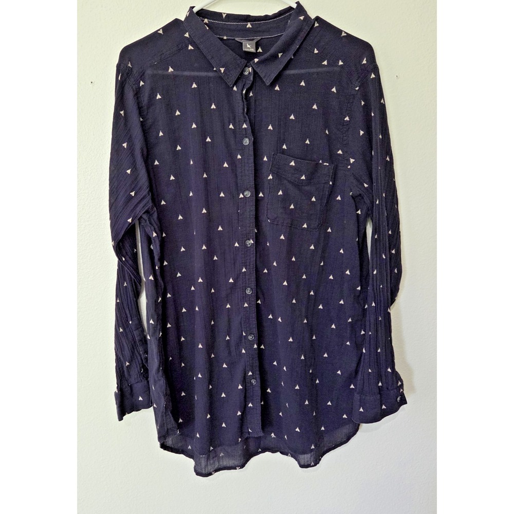 Eddie Bauer Women Gauze Long Sleeve Tunic Blouse Navy Blue White Tent Print 2XL